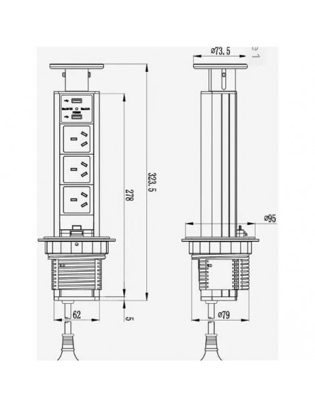 Eros 606-3000 Tower 3 Tomas Norm + 2 Usb C/proteccion Term Aluminiotorre (zapatilla T.mult / Evoque)