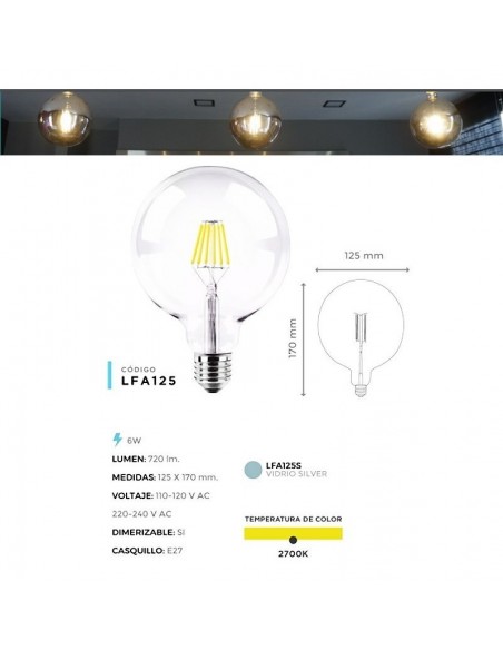 Lgp Lfa-125s E27 G___ Vintage Led  6w Globo Cromo Silver 2700k 720lm Filamento Calida Lampara Antique