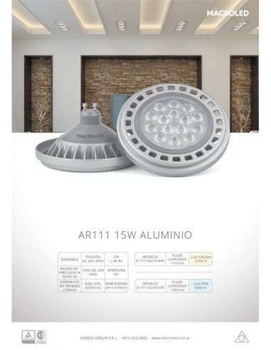 Macroled D-111-gu10-ww Dimerizable 15w/827 Ar-111  Gu-10 Alum Led Calida Lampara 30º Apertura 1425 Lm  180g Le1005c