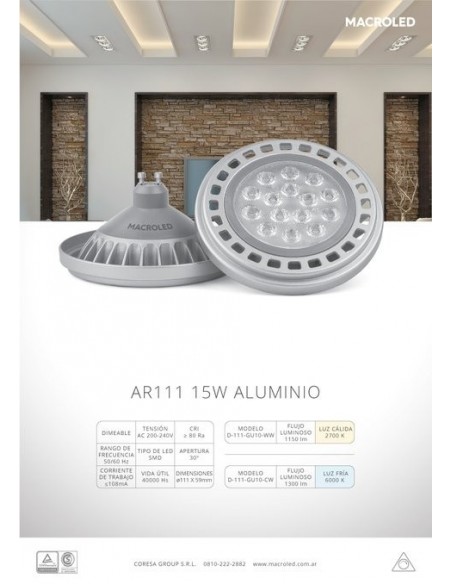 Macroled D-111-gu10-ww Dimerizable 15w/827 Ar-111  Gu-10 Alum Led Calida Lampara 30º Apertura 1425 Lm  180g Le1005c